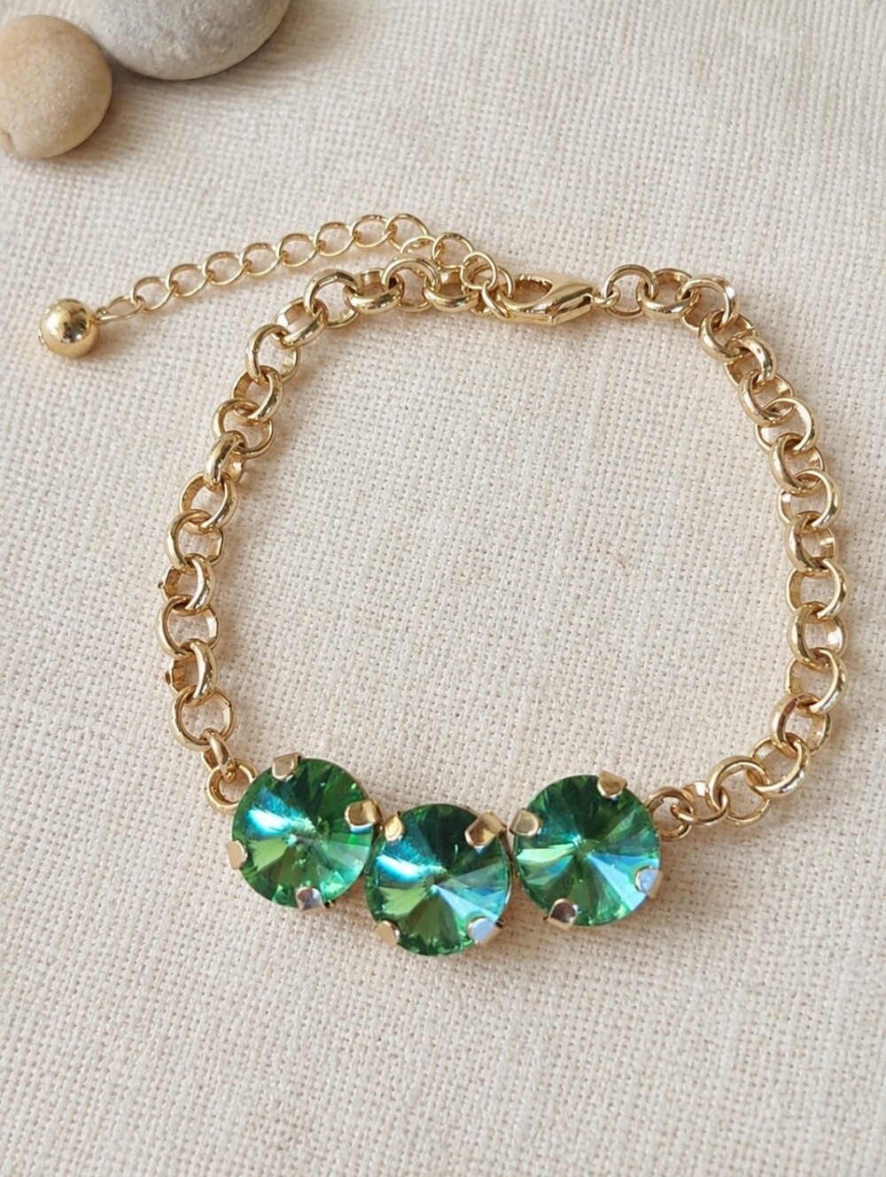Peridot Green Crystals, Gold Tone Rolo Chain Bracelet | Handmade